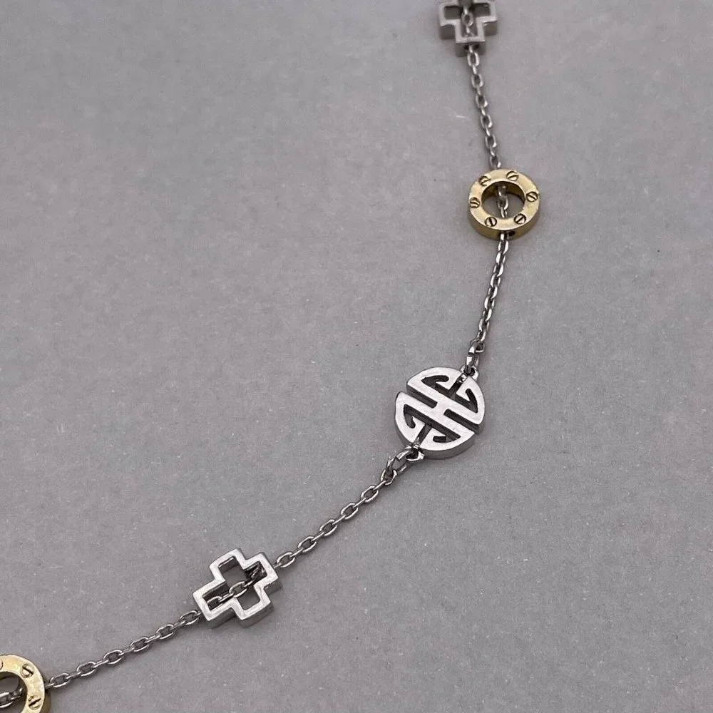 Criss Cross Shou Station Long Chain Necklace Gold and Silver Tone 36 Inches